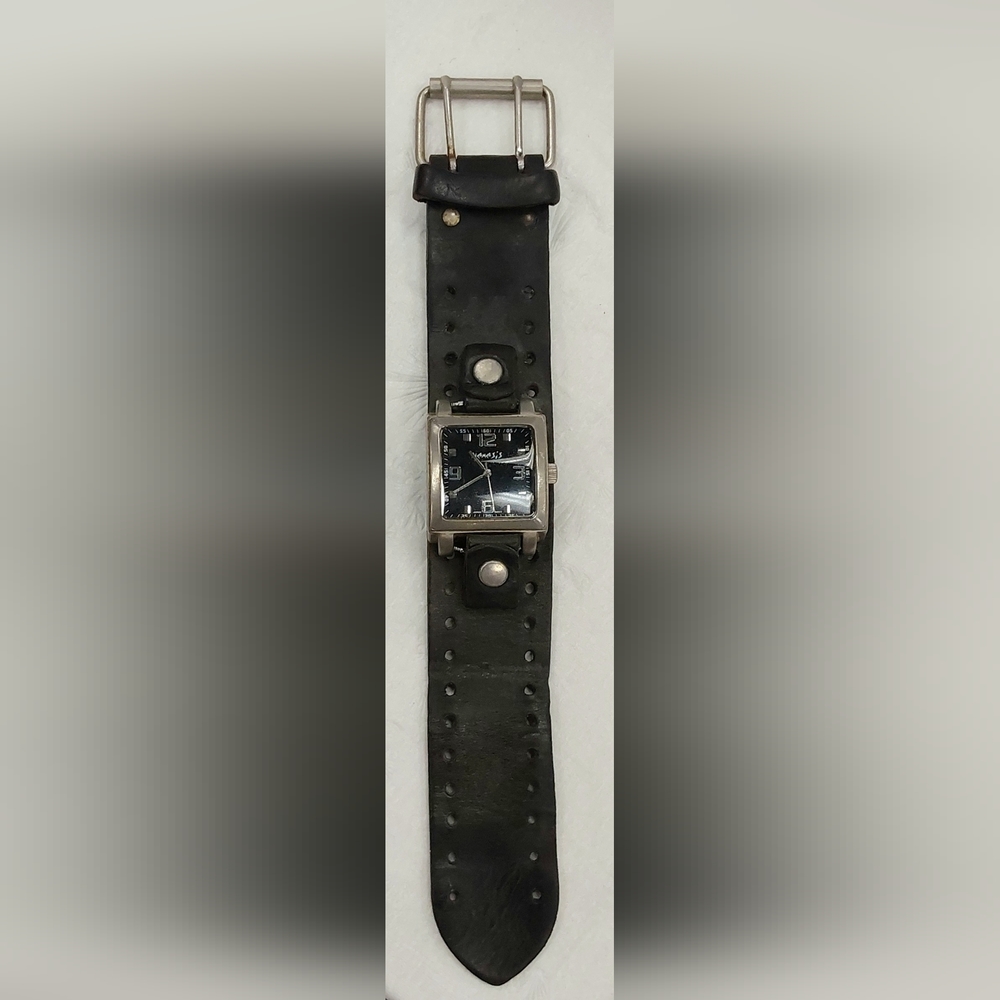 NEMESIS Curved Square-Faced Watch With Black Leather Wristband